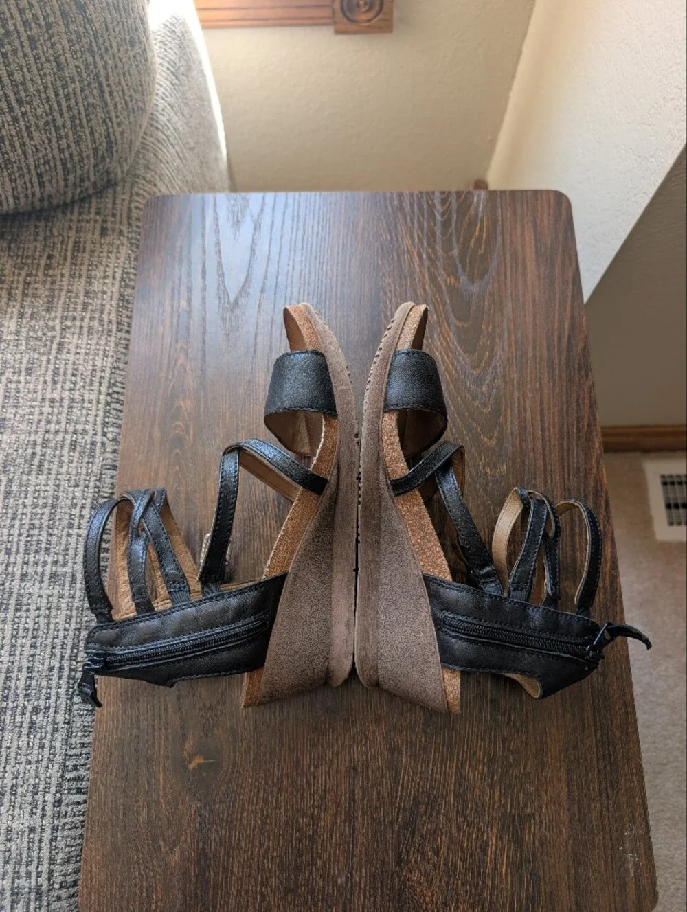 Miz Mooz Shay Black Leather Strappy Wedge Sandals